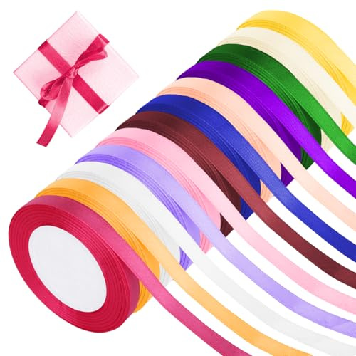 12 Farben Schleifenband, Breit 10mm x 22m Geschenkband Set, Polyester Satinband Bunt, Schleifen Band für DIY Schleifen Geschenk Verpackung Girlande (12 Farben, 10mm)