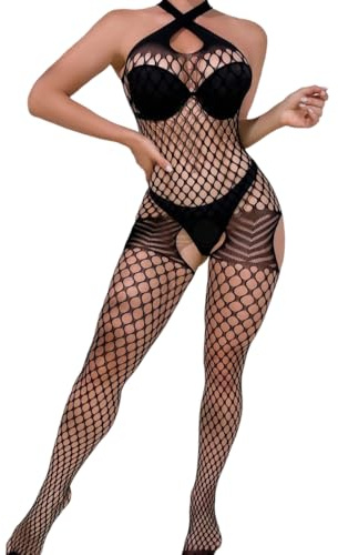 PARUPRUP Rete Incrociata Bodystocking Sexy da Donna Trasparente Senza Maniche Babydoll Intimo Apertura Sul Cavallo Tuta Grande Buco Calze Per Tutto il Corp (Nero, Taglia unica)