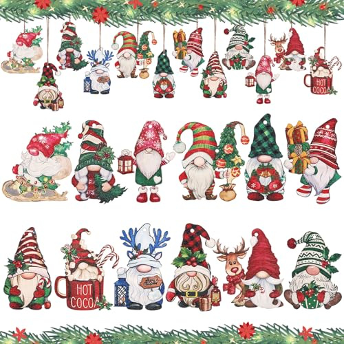 Kesote 24 Adornos Colgantes de Gnomos de Madera para Árbol de Navidad, Decoraciones Navideñas con Cuerda para Fiestas, Rojo y Verde (12 Diseños)