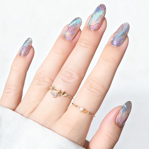 24 Stück French Mittel Mandel Press on Nail - Kunstnägel zum aufkleben Blau Lila Cat Eye, metal edge Design mit Jelly Gel, Full Cover Künstliche Nägel - Geeignet DIY Nageldesign für Frauen