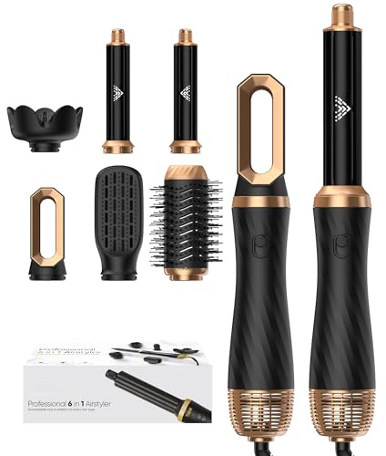 Airbrush 6 en 1 Air Styler, Brosse Soufflante Hair Styler Avec 6 Accessoires, Seche Cheveux, Fer a Boucler, Brosse Soufflante, Lissante Pour Cheveux, Pour Sécher, Lisser