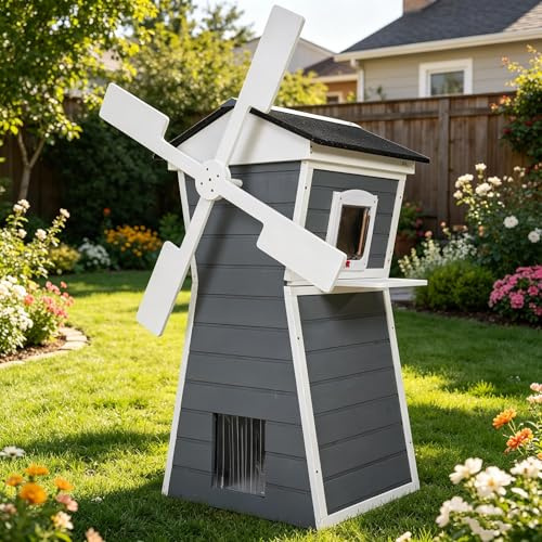 Erhöhtes Katzenhaus Outdoor, Sommer Hitzeschutz & Winterfest, Freigänger Katzenhaus aus Kiefernholz, Drehbare Windmühle, Bitumendach mit Trittbrett, Wetterfest 90×64,8×138cm