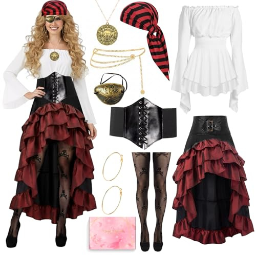 COYBTO Costume Pirata Donna, Vestito Medievale con Accessori Piratas, Costume Medievale Vestiti Carnevale, Vestito Pirata Donna per Cosplay Party Halloween