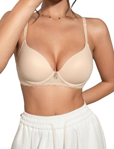 Awinclo Women's Push Up Everyday Basic Comfort Lightly Padded Underwire Plunge T-Shirt Bra Lift Up Skin Color 34B
