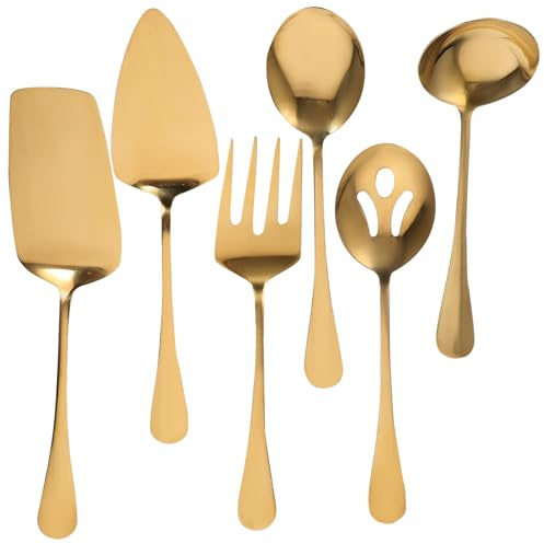 SHINEOFI Cubiertos de Acero Inoxidable Dorado para Servir, Juego Completo Reutilizable Espátulas y Cucharas Ranuradas para Eventos y Uso Doméstico