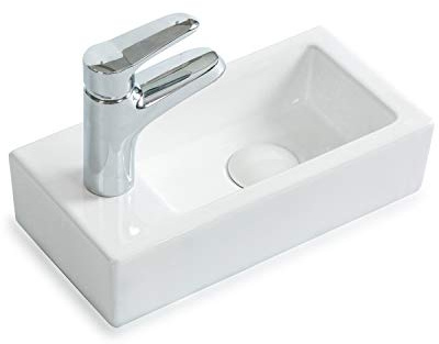 STILFORM Gäste WC Waschbecken aus feinster Keramik in Brillant Weiß für Wandmontage oder als Aufsatzwaschbecken mit Hahnloch Maße 370 x 185 x 90 mm (Hahnloch Links)