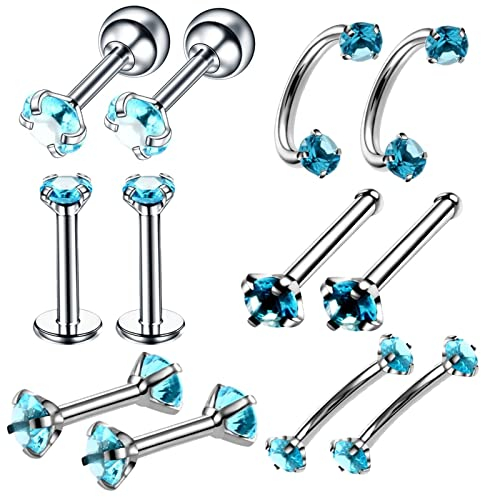 Aotiwe 12 Stück Septum Piercing Kugeln, Septum Piercing Stab Blauer Zirkon Silber Blauer Zirkon Edelstahl