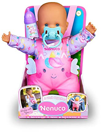 NENUCO, Damos un Paseo, muñeco bebé 35 cm de Cuerpo blandito, Accesorios y Mochila de porteo para Llevar Siempre contigo a Todos Lados, Desarrollo afectivo Emocional, niños +1, Famosa (NFN23000)