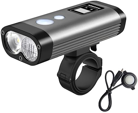RAVEMEN PR1400 Bike Light with Anti-Glare Beam, 1400 Lumens 5200mAh Front Headlight with Wired Remote, USB C Output, LED Display, IPX8 Waterproof for Mountain Biking, Road Cycling, Commuter