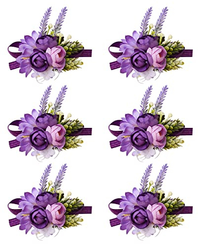 URROMA 6 bouquet da polso a forma di fiore, colore viola, decorazione per damigella d'onore, matrimonio, ballo di fine anno