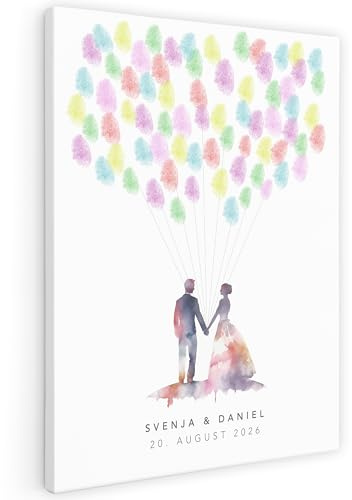 Fingerabdruck Leinwand Hochzeit personalisiertes Gästebuch mit Luftballons | Personalisiert, Leinwand auf Keilrahmen, 30 x 40 cm, Gästebuch Alternative, Luftballons für Fingerabdrücke