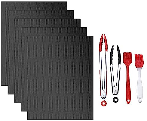 Dechoga BBQ Grillmatte 5 Set mit 2-Clips und 2-Ölbürsten, 33x40 cm Antihaft Backmatte Backpapier leicht zu reinigen und wiederverwendbar für Gasgrill, Backofen, Holzkohlegrill, Elektronischen Grill
