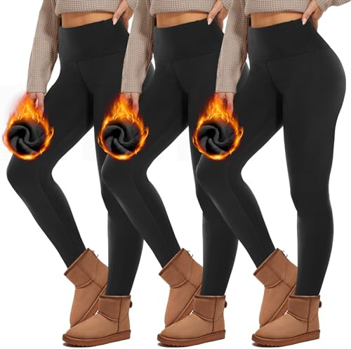 HIPOWER Pack de 3 leggings térmicas para mujer con bolsillos, forradas, de invierno, de cintura alta, de forro polar, cálidos, opacos, negros, para deporte, ropa interior térmica, pantalones para