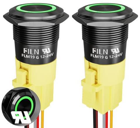 FILN 2pcs 19mm 12v Druckknopf Schalter Metall Druckknopf Verriegelung Wasserdicht Metall Schalter NO-OFF Türklingel(Schwarz eloxiert-Verriegelung-Grün-2pcs)
