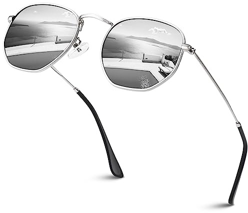 Sunier Sonnenbrille Damen Herren Polarisiert,Mode Apace Metal UV400 Schutz | Ultraleichter Sechseckige Metallrahmen,Trendy Vintage Fashion Stil,Ideal für Fahren, Strand, Outdoor-Aktivitäten
