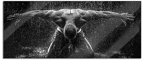 Pixxprint Glasbild Panorama, Wandbild aus Echtglas, Bodybuilder im Regen, 100x40 cm, inkl. Aufhängung und Abstandshalter