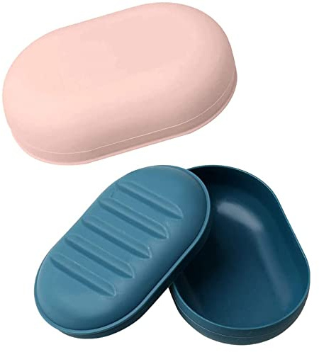 Jabonera con Tapa,2 jaboneras, jabonera de Viaje, jabonera de Ducha portátil, Apta para baño, Viaje, Camping(Azul+Rosa)