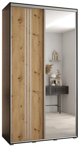 MEBLE KRYSPOL Davos 7 130 Schlafzimmerschrank mit Zwei Schiebetüren - Moderner Aufbewahrungsschrank mit Spiegel, Kleiderstange und Regalen - 235,2x130x45 cm - Schwarz Artisan Silber