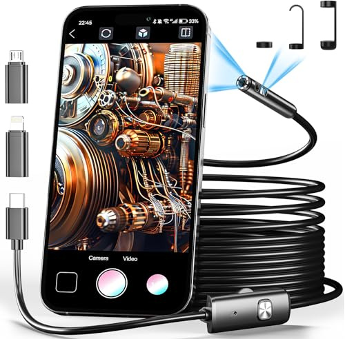 Endoskopkamera med dubbla linser med ljus boroskop inspektionskamera med 8 + 1 justerbara LED-lampor1980P endoskopkamera med 5 m halvstyv ormkamera IP68 vattentät för iPhone iPad Android-telefon