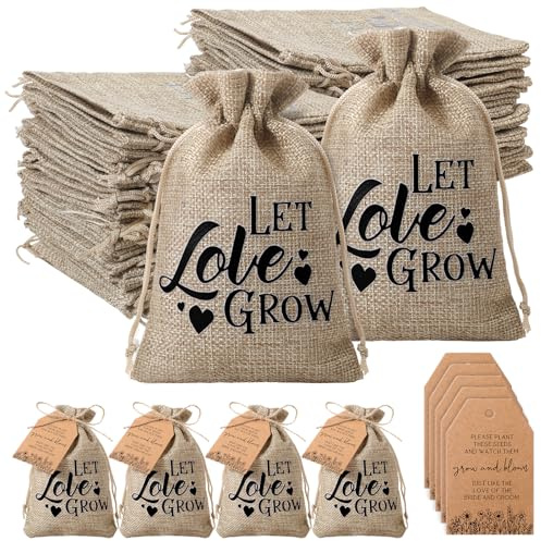 Fumete 50 Set Wedding Favors for Guests Let Love Grow Seed Packets Kraft Thank You Cards Wildflower Design Tag Sack Organizer Burlap Bag and Twine for Bridal Shower Favor, No Seeds (Rustic)