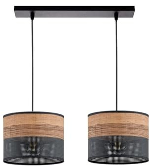 KAR LIGHTING Pendelleuchte 2-flammig aus schwarzem Metall mit Holzoptik-Details (PVC), höhenverstellbar | E27 Fassung | LED geeignet | Hängelampe für Wohn-, Esszimmer, Küche, Büro