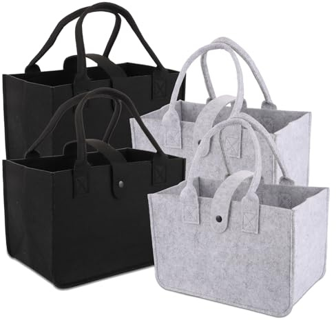 GBACHOOSE 4 Stück Filztasche, Einkaufstasche 38 x 18 x 20 cm, Faltbar Filztaschen Shopper, Einkaufskorb mit Henkel, Filzkorb zur Einkaufen, Ausgehen, Spielzeug, Aufbewahrung (Schwarz + Grau)