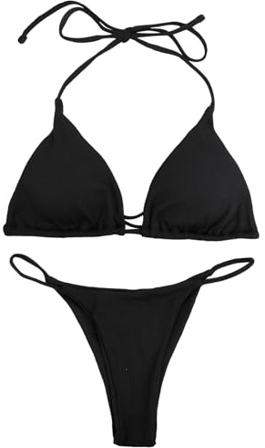 Wisebom Costume da Bagno Donna Triangolo Imbottito Costumi da Mare Due Pezzi Halterneck Swimwear Triangolo e String Bikini Nero (IT, Testo, M, Regular, Regular, Nero)
