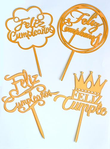 Topper Tarta Feliz Cumpleaños Español Decoración Tartas Acrílico Dorado Magdalenas Happy Birthday Adornos