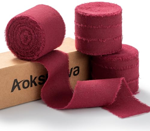 AOKSUNOVA Geschenkband Baumwollband Hochzeit Schleifenband Bordeaux | Apricotfarbenes Baumwoll Geschenkband für Hochzeit,Verpackung und Dekoration,Breites Schleifenband mit Edler Fransenkante