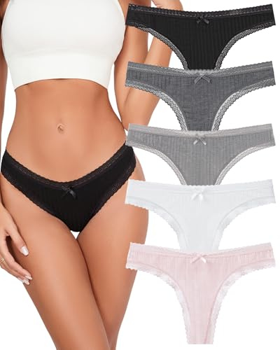 KNITLORD Bambusfaser String Tanga Damen Spitze Unterhosen Weich Unterwäsche Frauen Sexy Dessous Thong Panty Set 5er Pack L