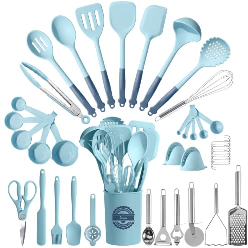 Kikcoin 43Pcs Large Kitchen Utensils Set - Silicone Cooking Utensils Set, Dishwasher Safe Spatula Set for Non-Stick Cookware, 446°F Heat Resistant Kitchen Utensils Set with Holder BPA Free, Blue