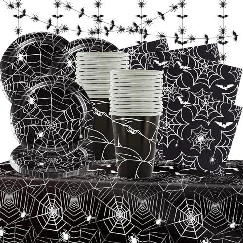 Shamoparty Halloween Spinnennetz Party Dekoration, 74-teiliges Geschirr-Set für 24 Personen