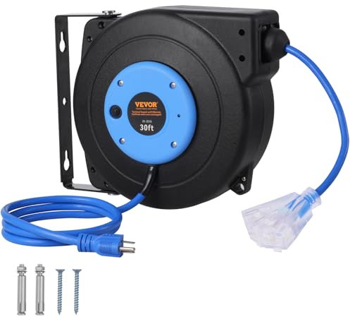 VEVOR SJTOW 16AWG/3C Retractable Extension Cable Reel - Heavy Duty Power Cable with Triple Key Sockets, 10A Circuit Switch, Rotating Holder