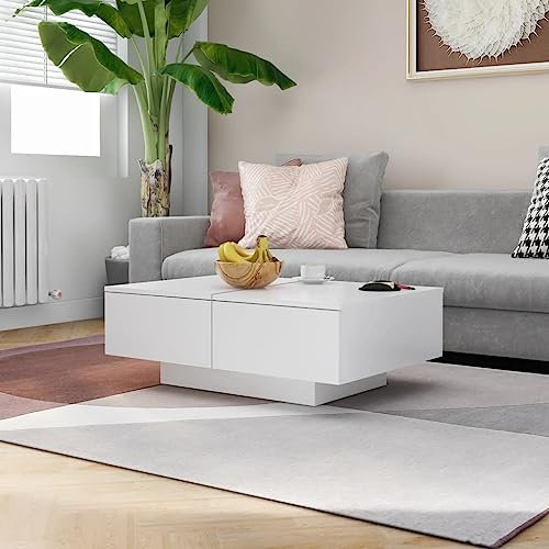 OHOOWOO Couchtisch Weiß 90x60x31 cm Holzwerkstoff,Hochwwertiger Couchtisch aus Holz – praktische Ablage für Getränke, Bücher und Deko im Wohnzimmer Couchtische, Kaffeetische