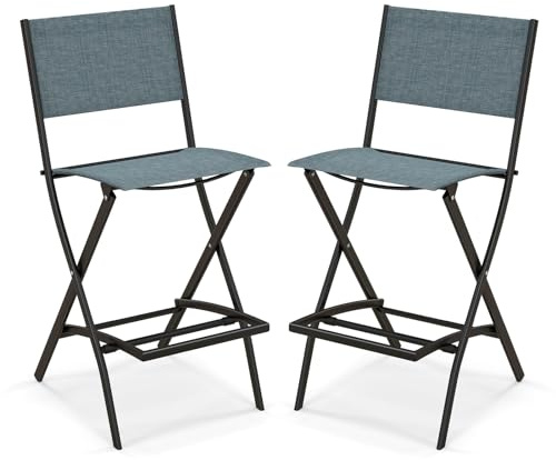 GIANTEX Juego de 2 Sillas de Bar Plegables con Respaldo y Reposapiés, Sillas de Bistro Versátiles con Tela Transpirable y Marco de Metal Resistente, para Jardín, Terraza (Azul)
