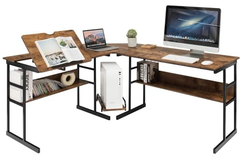 COSTWAY L-format hörnskrivbord i trä med lutbar bordsskiva, 2 hyllor och CPU-stativ, datorskrivbord för hem och kontor, 170 x 150 x 75 cm (brun)