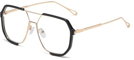 LJCZKA Quadratisch Blaulichtfilter Brille Damen Herren 70s Piloten Brille Ohne Stärke Doppelte Brücke Eckig Computerbrille Anti-Müdigkeit für Gaming