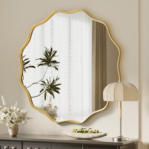 VooBang Gold Scalloped Circle Mirror, 30 Wavy Edge Round Wall Mirror with Tempered Glass Textured Circular Metal Deep Frame, Hanging Leaning for Bathroom, Hallway, Entryway, Livng Room