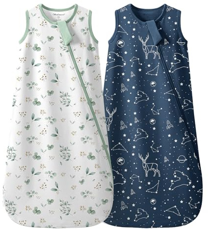 Mosebears 0.5 Tog Baby Sleeping Bag - Cotton Summer Sleep Sack for Newborns, Boys & Girls(Plant&Blue,XL(18-24 Months))