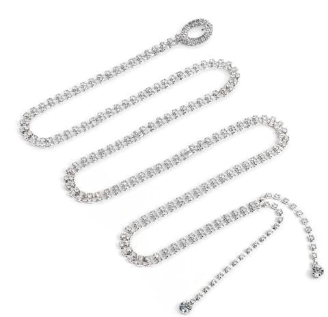 Parkly - Cintura da donna con strass e strass, catena alla moda con cristalli argentati, alla moda, con glitter, per abiti (110 cm)