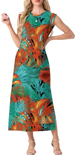 GRECERELLE Womens Summer Maxi Long Dress Casual Flower Sleeveless Crew Neck Split Hem Shift Dresses with Pocket for Ladies UK (Green Tan Palm Leaf, L)
