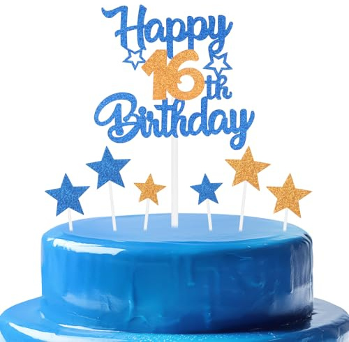Orange Blue Birthday Cake Topper, Cartoon Themed Children Party Number 16 Cake Happy Decoration,Double-sided Shine Boys Girls Birthday Celebration Decoration