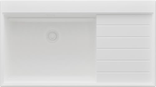 PRIMAGRAN Fregadero Cocina al Mueble 60cm + Kit de desagüe, 90x50cm | Set: Kit de desagüe (sifón, válvula, rebosadero) + Sydney Ergo 1 Seno Granito, Todo Blanco