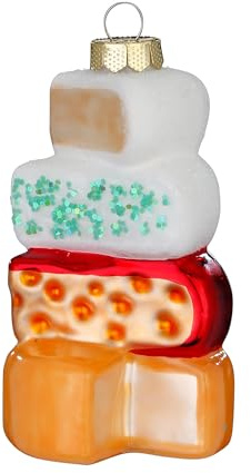 Christbaumschmuck Glas 8cm - Turm aus Käse Figur zum Aufhängen - handbemalt - Weihnachtsbaum Anhänger für Weihnachten - Christbaumanhänger & Weihnachtsbaumschmuck - Essen Käselaib Weiß Rot Gelb