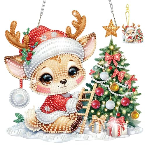 MISCER Diamond Art painting Anhänger Windspiel, Christmas Elch Diamond Painting Anhänger mit Kette für Kinder Erwachsene, Hängende Ornament Bastelset Set für Tür Garten Wand Deko