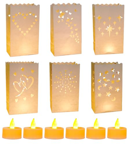 Hojalis 24 Stück Papier Lichttüten, Teelicht Lichtertüten, Weiß Lichtertüten mit Flammenloses Batterie Kerzen, Kerzentüten Papierlaternen für Party Tischdeko,Valentinstag,Verlobung (26 x 15 x9cm)