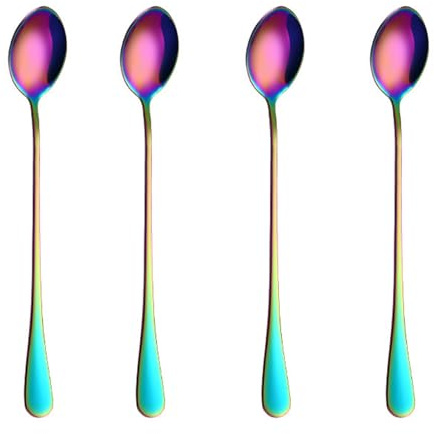 Rainbow Sundae Spoons – 4 Pcs Stainless Steel Long Handled Teaspoons – Rainbow Coffee Spoon Set for Coffee, Tea, Ice Cream, Desserts & Drinks, 19.5 cm