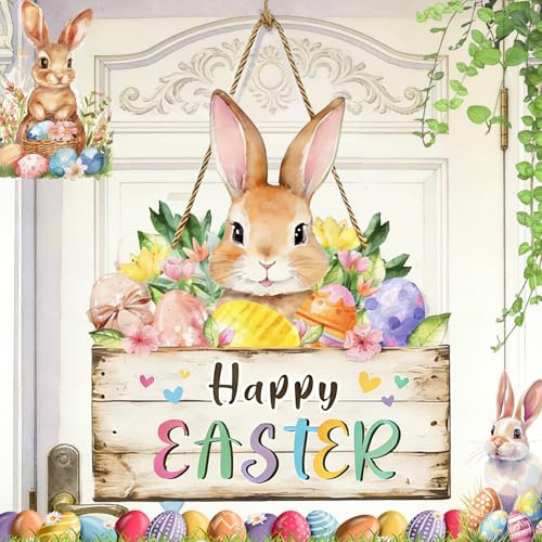 Oneroomone Printemps Joyeuses Pâques Décoration en bois de Porte D'Entrée Pâques, Panneau de Bienvenue de Pâques avec Fleurs Printanières, Panneau Suspendu Pâques avec Lapin Cartoon Décoration Festive