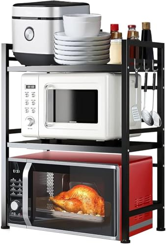 Vaestarpro Soporte de Microondas Ampliable, 3 Niveles de Cocina de Metal Estantes Organizador de la Mestop con 6 Ganchos, Panadero Rack, Plataforma de Microondas, Horno de Microondas Rack (3 Niveles)