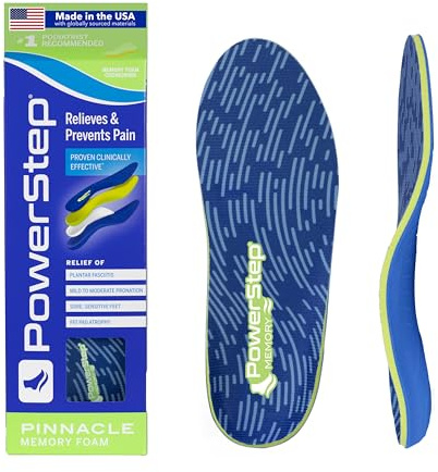 PowerStep Pinnacle Memory Foam Orthotics Insoles, Heel and Arch Support, Plantar Fasciitis Relief, Mild Pronation, Fat Pad Atrophy, Cushioned Orthotics, Made in the USA (Men's 8-8.5 / Women's 10-10.5)